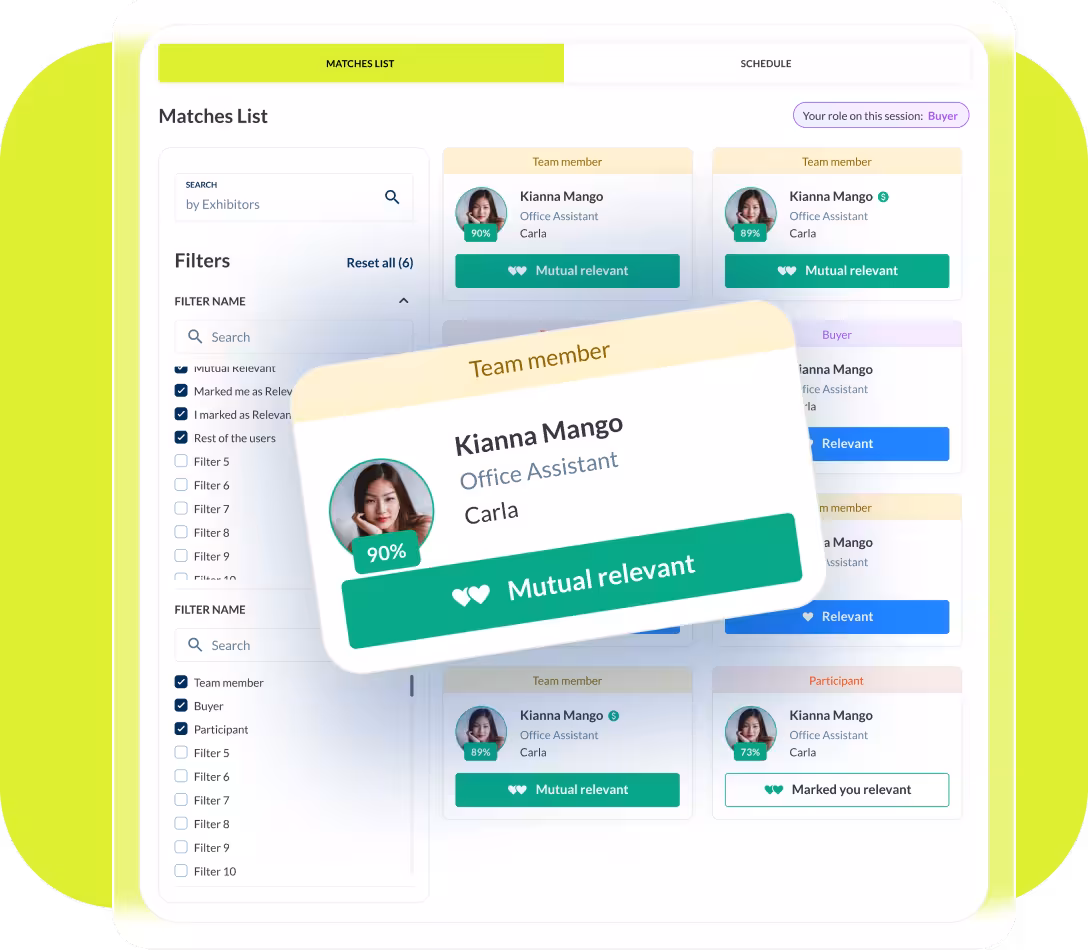 Participant interface showing preference-based AI match list with voting options