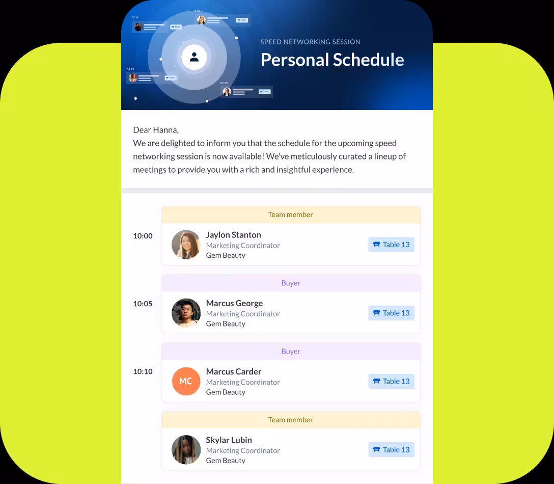 Participants receiving final meeting schedules via email and web interface