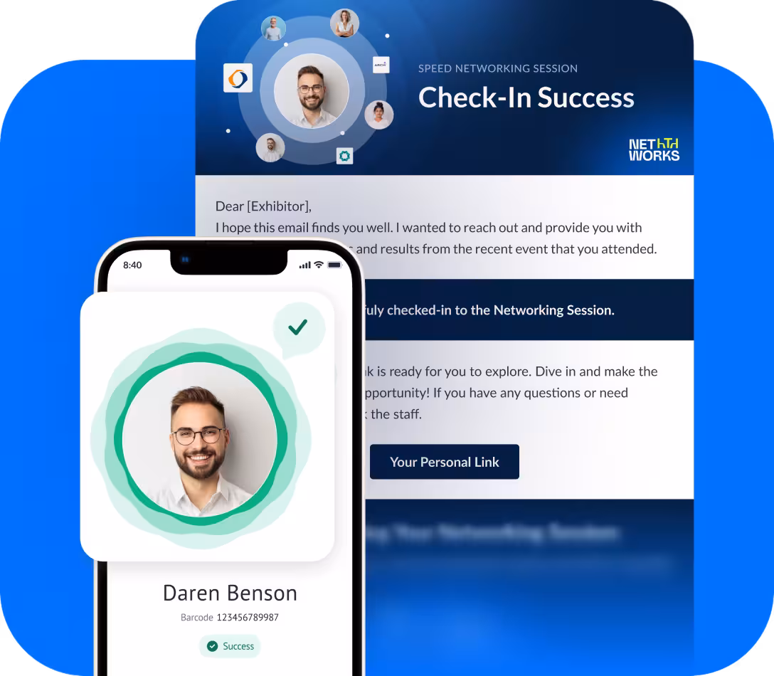 Organizers scanning participant badges and sending email invitations to speed networking session